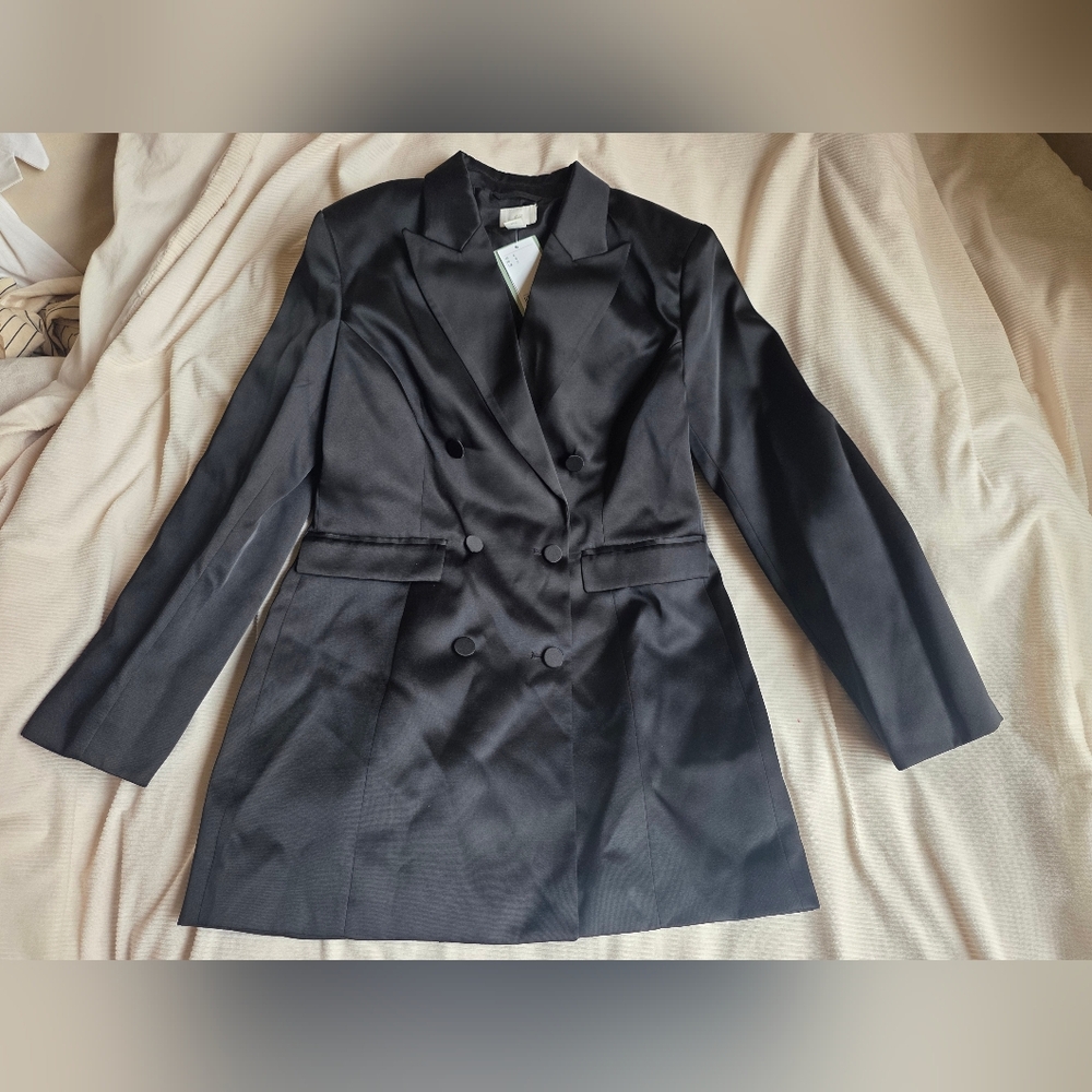 H&M double-breasted fitted jacket dress satin effect black sz L BNWT - Picture 2 of 13